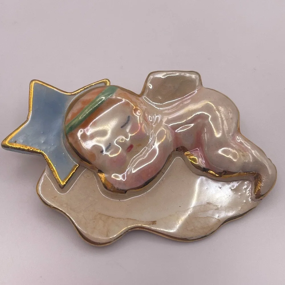 Vintage Iridescent Ceramic Sleeping Angel Brooch Cloud Star Gold Tone Trim Pin